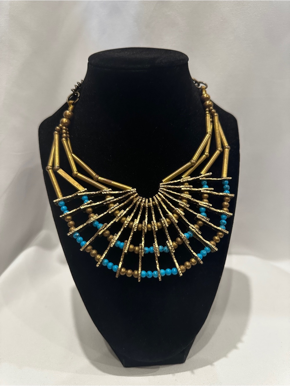 Pam Hiran for Anthropologie Brass & Turquoise Statement Choker Necklace Boho Bib